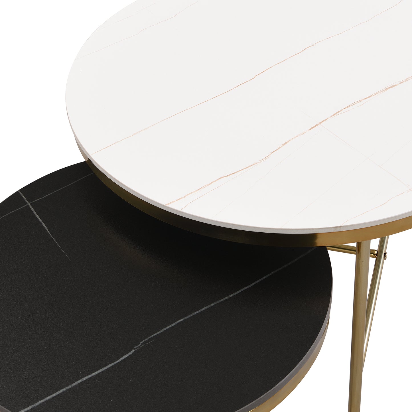 Modern Round Nesting Coffee Table Set 2-Piece Black & White Sintered Stone Top Gold Base in 23.6''&17.7''