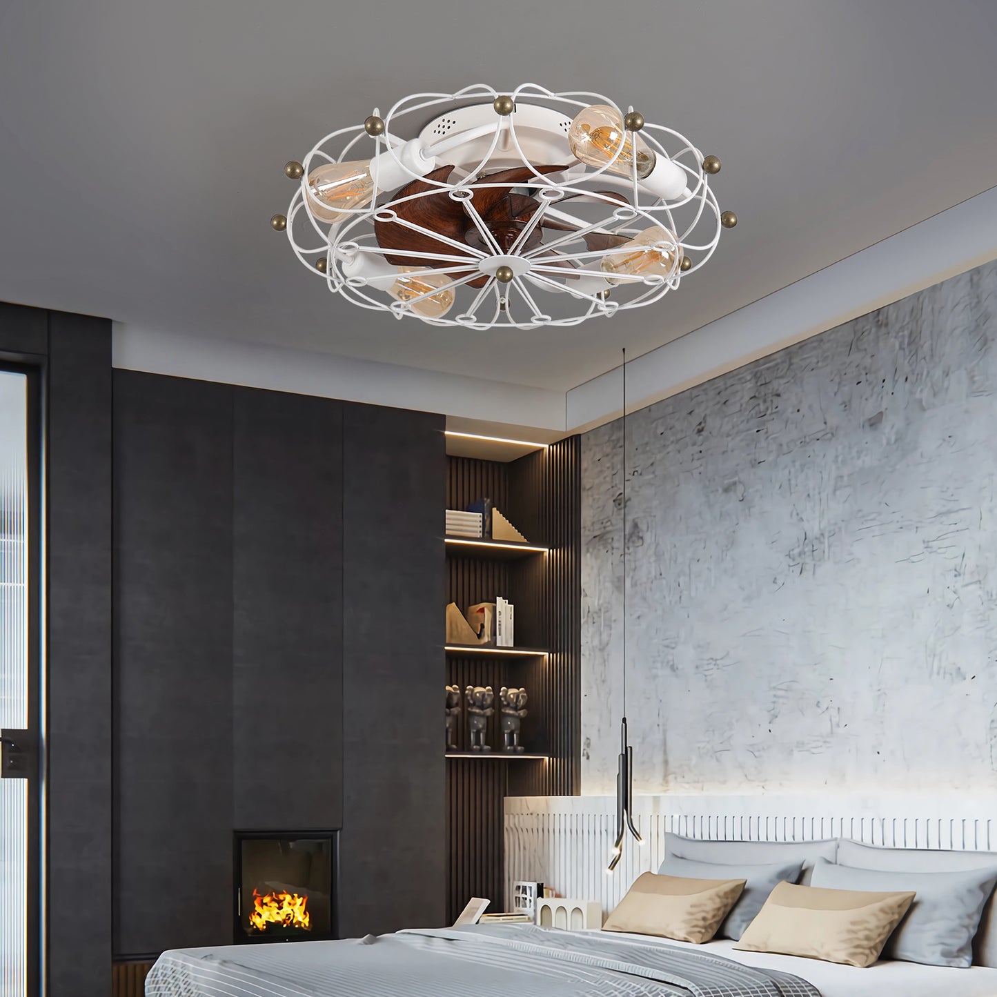 Sleek Low Profile Caged Ceiling Fan with Lights & Remote - Industrial Style