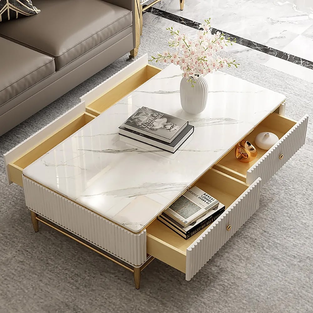 51" White Faux Marble Rectangle Coffee Table in Gold with Storage 4 Drawers