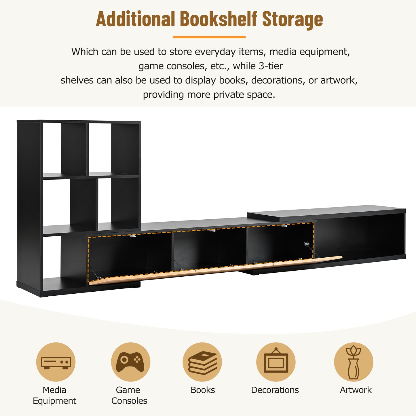 Extendable TV Stand and Coffee Table, Set of 2, Media Console with 3 Tier Bookshelves for TVs up to 110'', Dual-tone Center Table with Sliding Tabletop for Living Room, Black