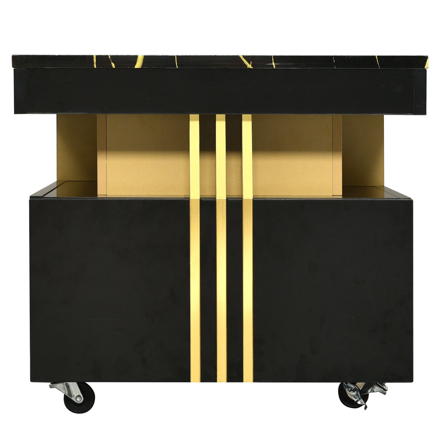 [VIDEO provided] ON-TREND Contemporary Coffee Table with Faux Marble Top, Rectangle Cocktail Table with Caster Wheels, Moderate Luxury Center Table with Gold Metal Bars for Living Room, Black