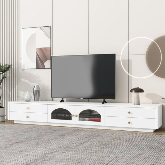 ON-TREND Meuble TV luxueux avec portes en verre cannelé, console multimédia élégante et fonctionnelle pour téléviseurs jusqu'à 95", meuble TV avec étagère en verre trempé avec plusieurs options de rangement, blanc