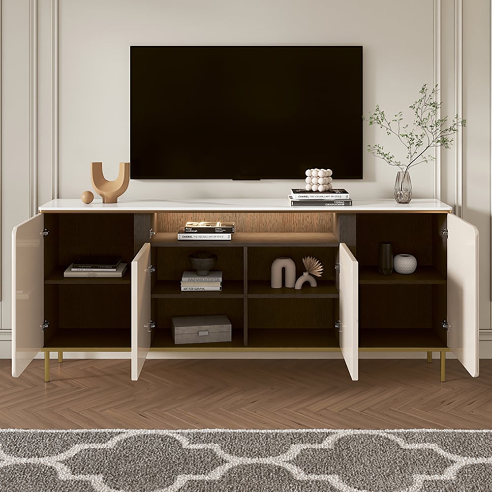 63" Modern Beige Tall TV Stand with 4 Doors & 5 Shelves Sintered Stone Media Console