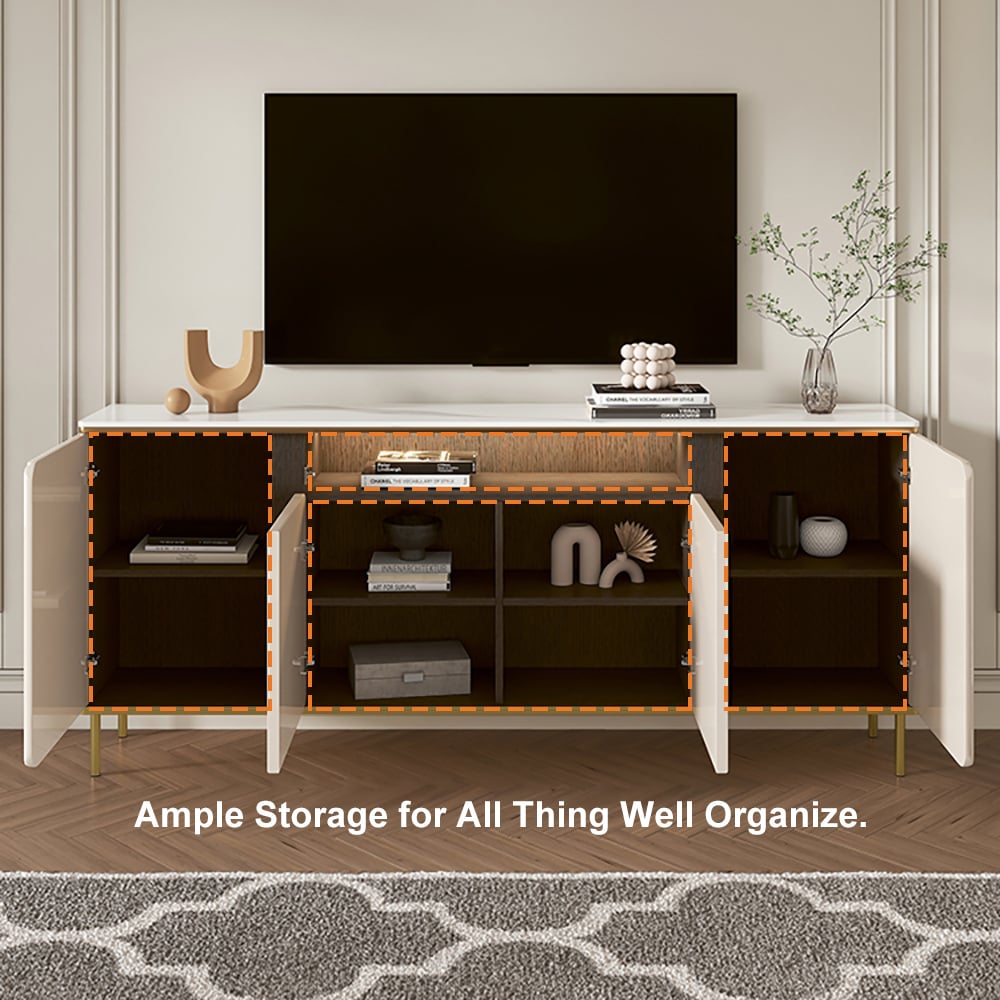 63" Modern Beige Tall TV Stand with 4 Doors & 5 Shelves Sintered Stone Media Console