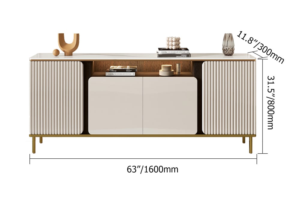 63" Modern Beige Tall TV Stand with 4 Doors & 5 Shelves Sintered Stone Media Console