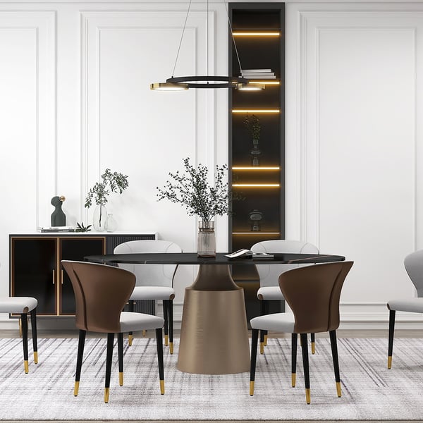 Table de salle à manger ovale moderne en pierre frittée de 63 po avec base en acier au carbone bronze