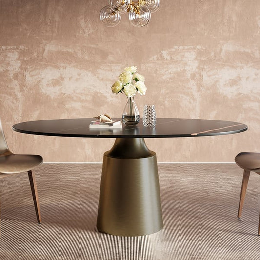 Table de salle à manger ovale moderne en pierre frittée de 63 po avec base en acier au carbone bronze