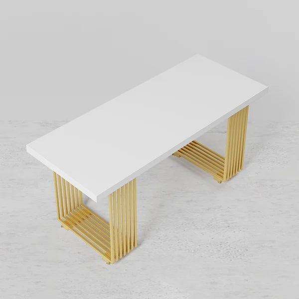 Modern White Rectangular Office Desk with Solid Wood Table Top & Gold Frame