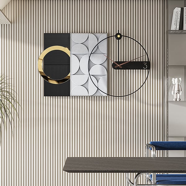 Grande horloge murale géométrique en métal de 30 pouces avec pointeur en bois, décoration d'intérieur moderne, noir et gris 