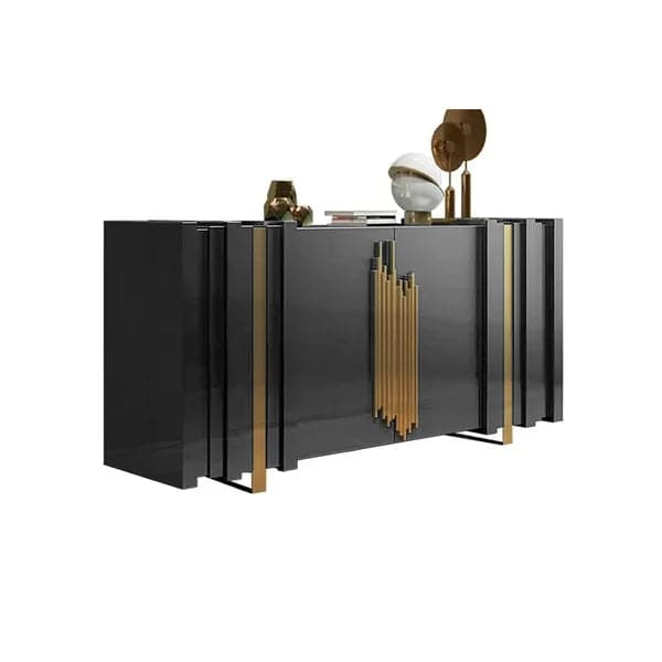 Buffet de luxe léger de 63 pouces, buffet rectangulaire noir avec 2 portes et 2 étagères en or