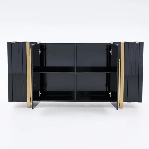 Buffet de luxe léger de 63 pouces, buffet rectangulaire noir avec 2 portes et 2 étagères en or