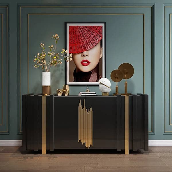 63" Light Luxury Sideboard Black Rectangular Buffet with 2 Doors & 2 Shelves in Gold