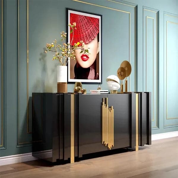 Buffet de luxe léger de 63 pouces, buffet rectangulaire noir avec 2 portes et 2 étagères en or