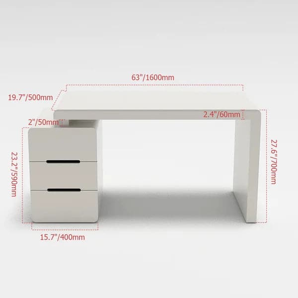 47" White 3-Drawer Writing Desk with Storage Cabinet for Office