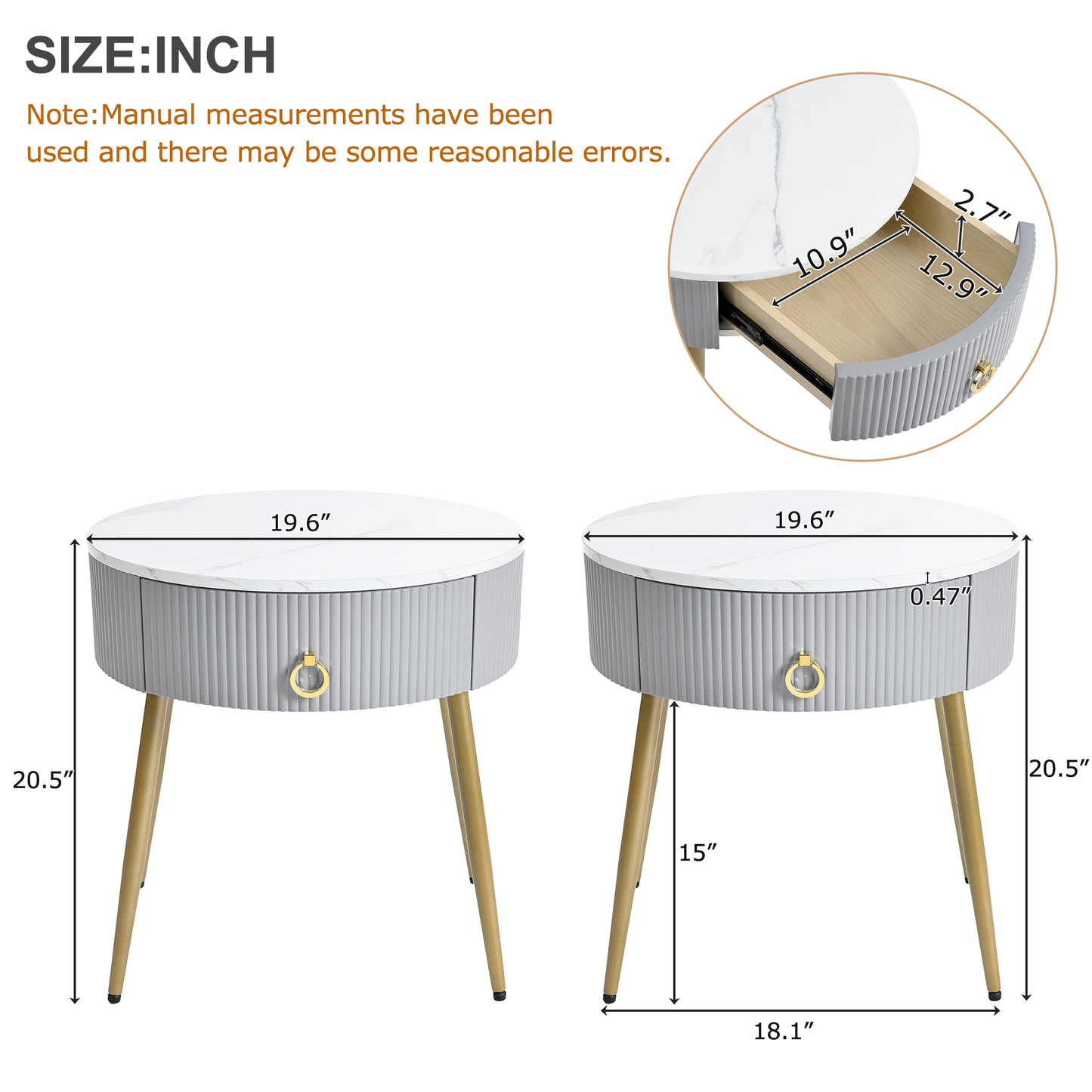 ON-TREND Φ19.6'' Easy Assembly End Tables with High Gloss Faux Marble Tabletops, Set of 2, Modern Fluted 2 Side Tables with Drawers, Round Coffee Tables with Golden Legs for Living Room, Grey