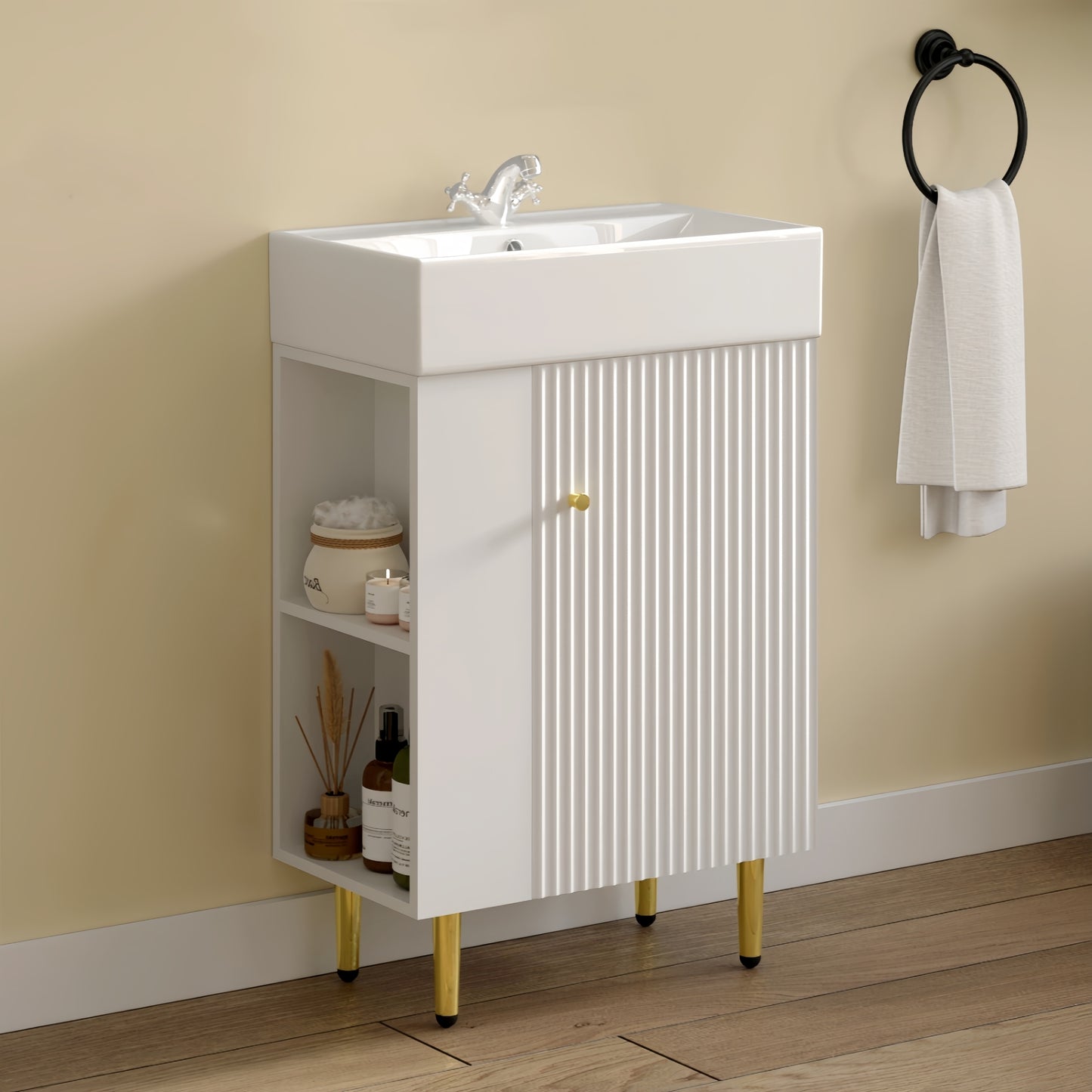 Meuble de salle de bain à étagères ouvertes de 21,6 po avec évier en céramique, armoire de rangement à étagère ouverte pour vestiaire, comptoir en céramique blanche avec porte à fermeture douce sur le côté droit, 23VB06-21WHR