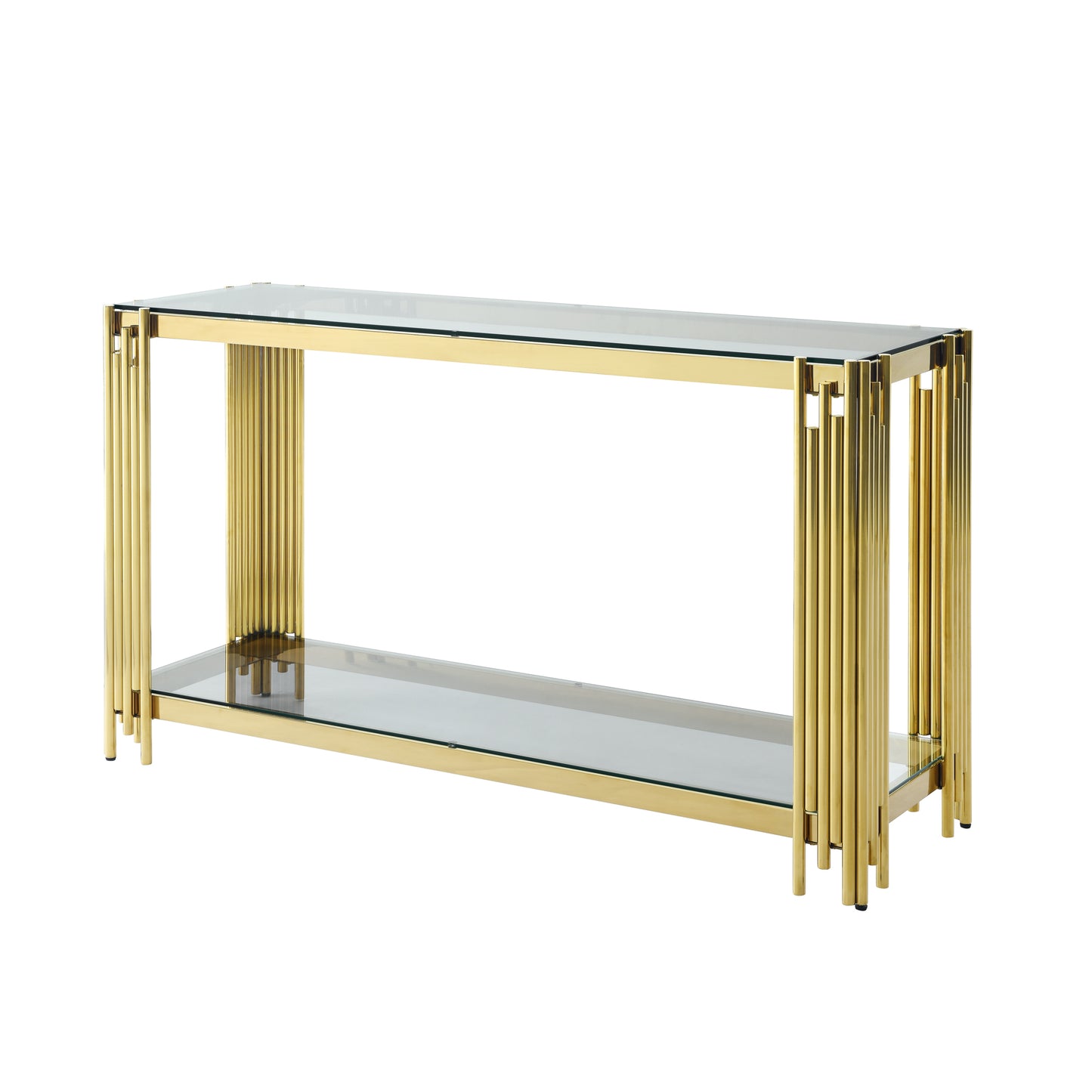 Modern Glass Console Table, 55" Gold Sofa Table with Sturdy Metal Frame and Clear Tempered Glass Top, for Living Room Entryway Bedroom, Gold Finish