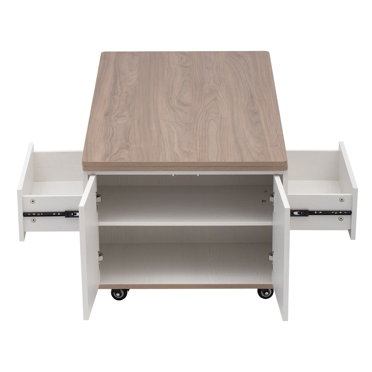 Modern Walnut & White Lift Top Coffee Table Multifunctional Table with Drawers & Shelves