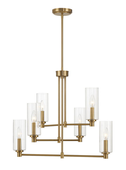 Timeless Six Lights Chandelier With Clear Ribbed Glass - Satin Brass