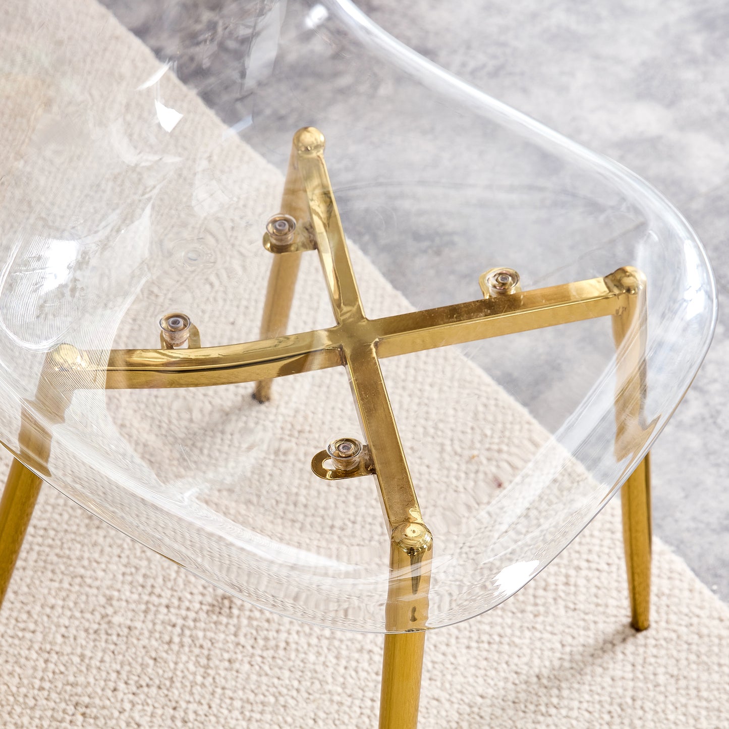 Modern Transparent Dining Chairs - Set of 4 Armless Crystal Chairs with Golden Plating Metal Legs