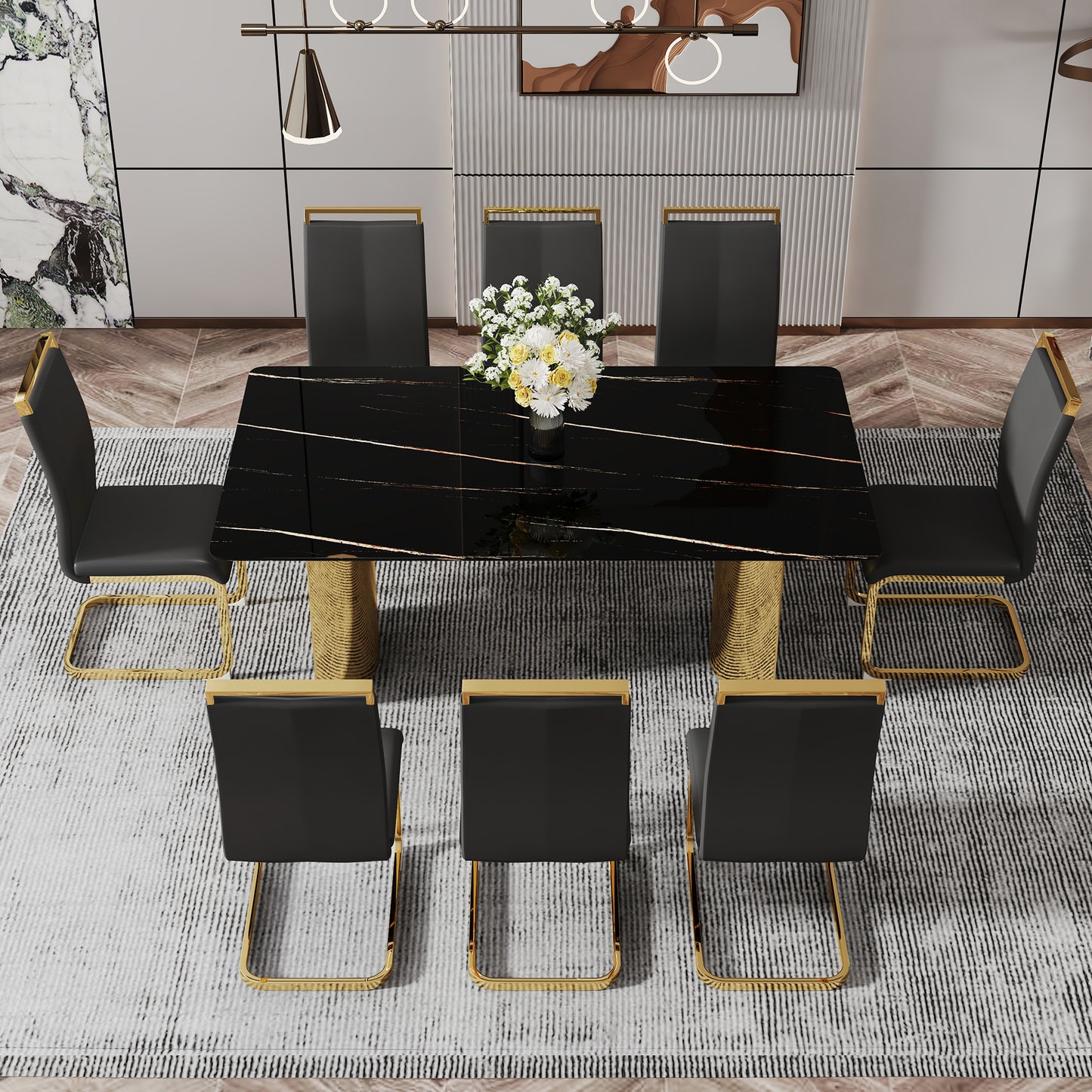 Modern minimalist dining table. The black patterned glass desktop is equipped with golden metal legs. Suitable for restaurants and living rooms  71" *39.3" *29.5"  DT-69