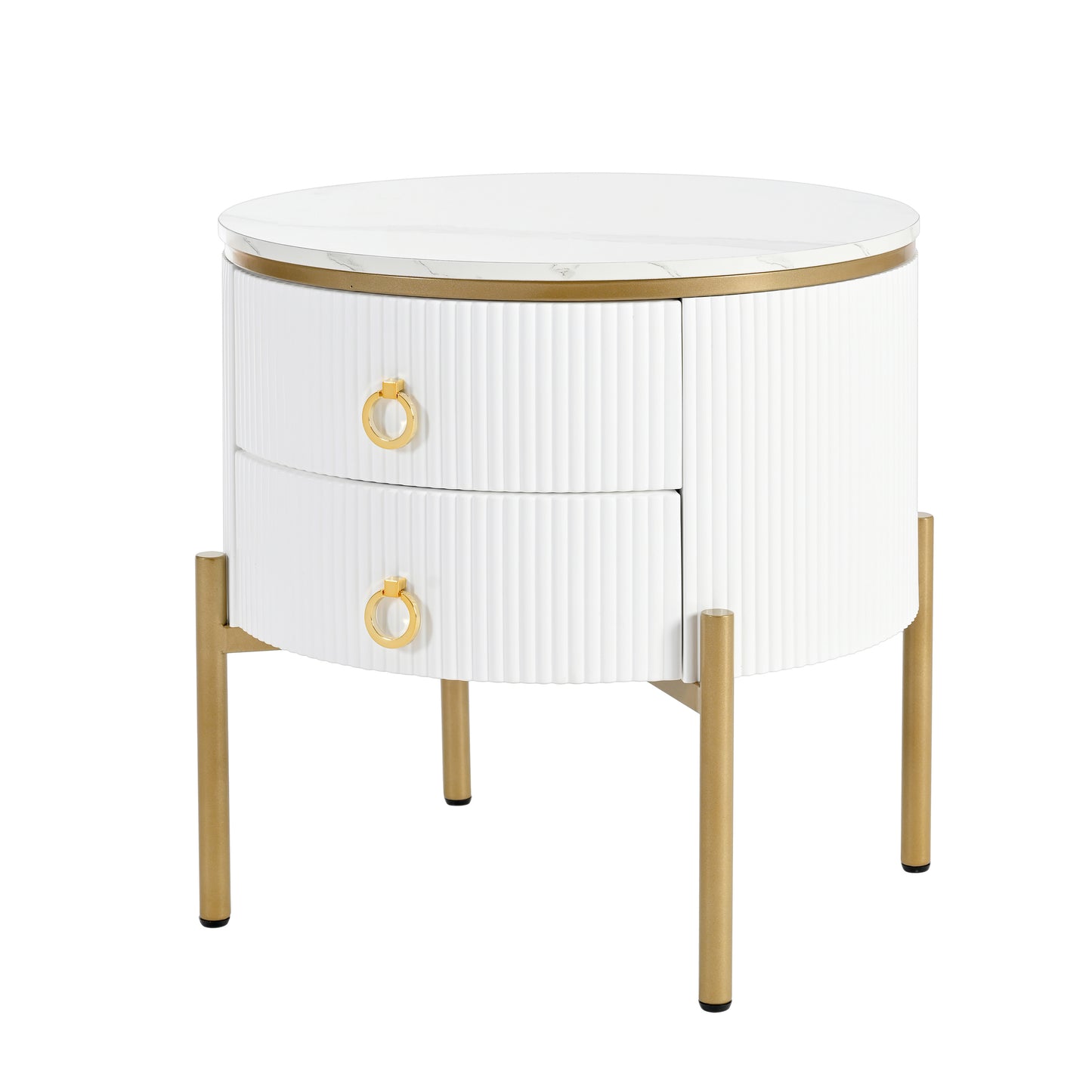 ON-TREND Φ19.6'' Easy Assembly Round End Table with Storage Drawers, Fluted Nightstand with High Gloss Faux Marble Tabletop, Modern Coffee Table with Metal Legs and Handles for Living Room, White