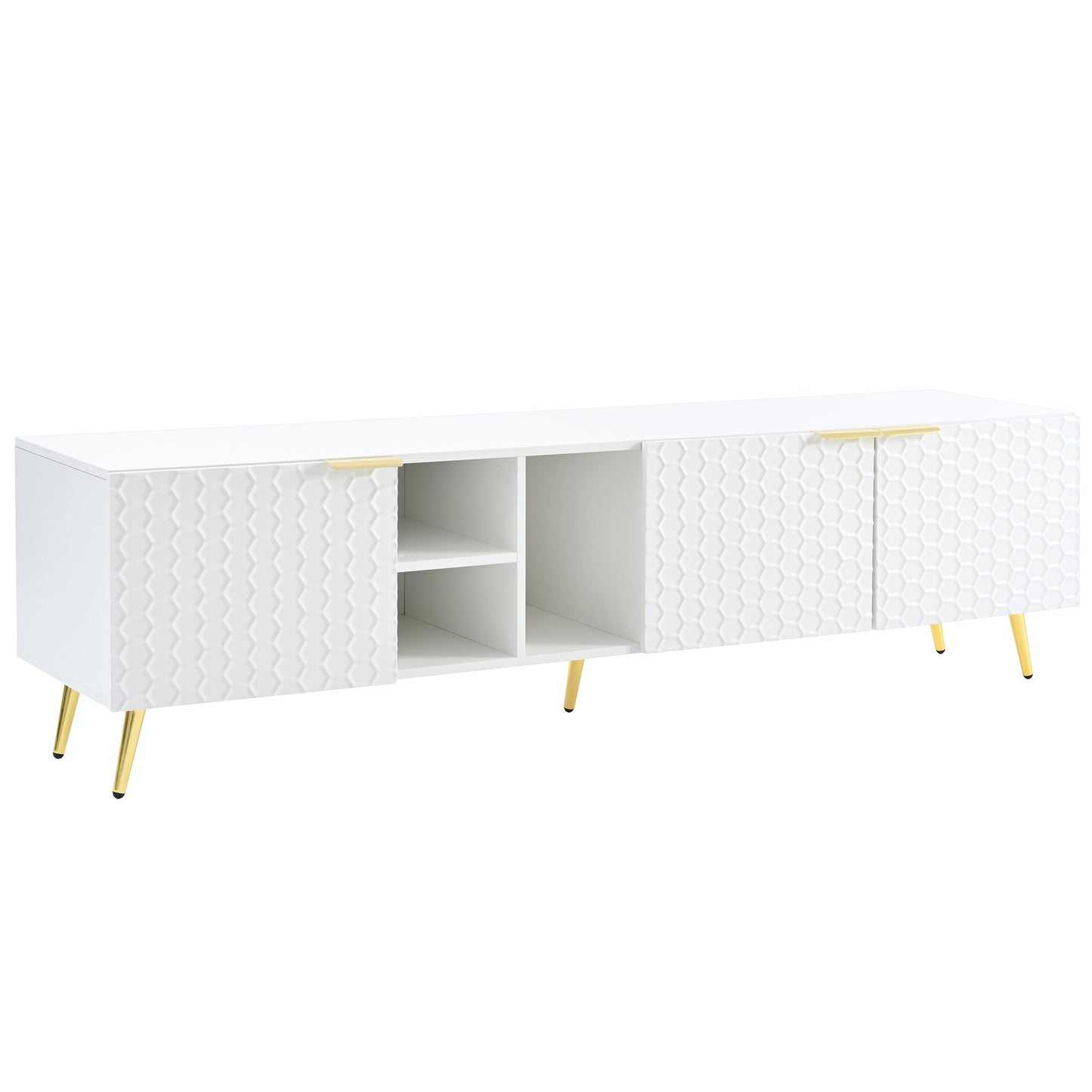 ON-TREND Modern Minimalist Geometric TV Cabinet with Metal Handles and Gold Legs for TVs Up to 80'', Multi-functional TV Stand with Storage Cabinets, Entertainment Center for Living Room, White