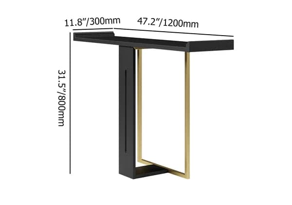 Table console étroite de 39 po pour hall d'entrée en bois massif noir et métal doré en grand format