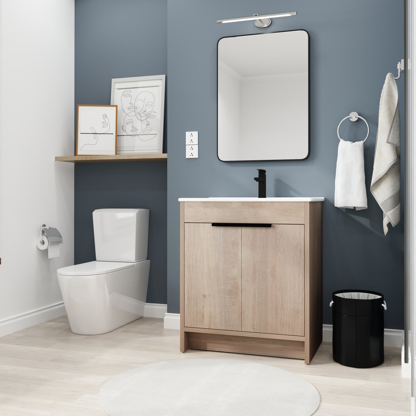 Meuble-lavabo autoportant de 30 pouces avec lavabo en céramique blanche et 2 portes d'armoire à fermeture en douceur (BVB02430PLO-BL9075B)=W999S00063