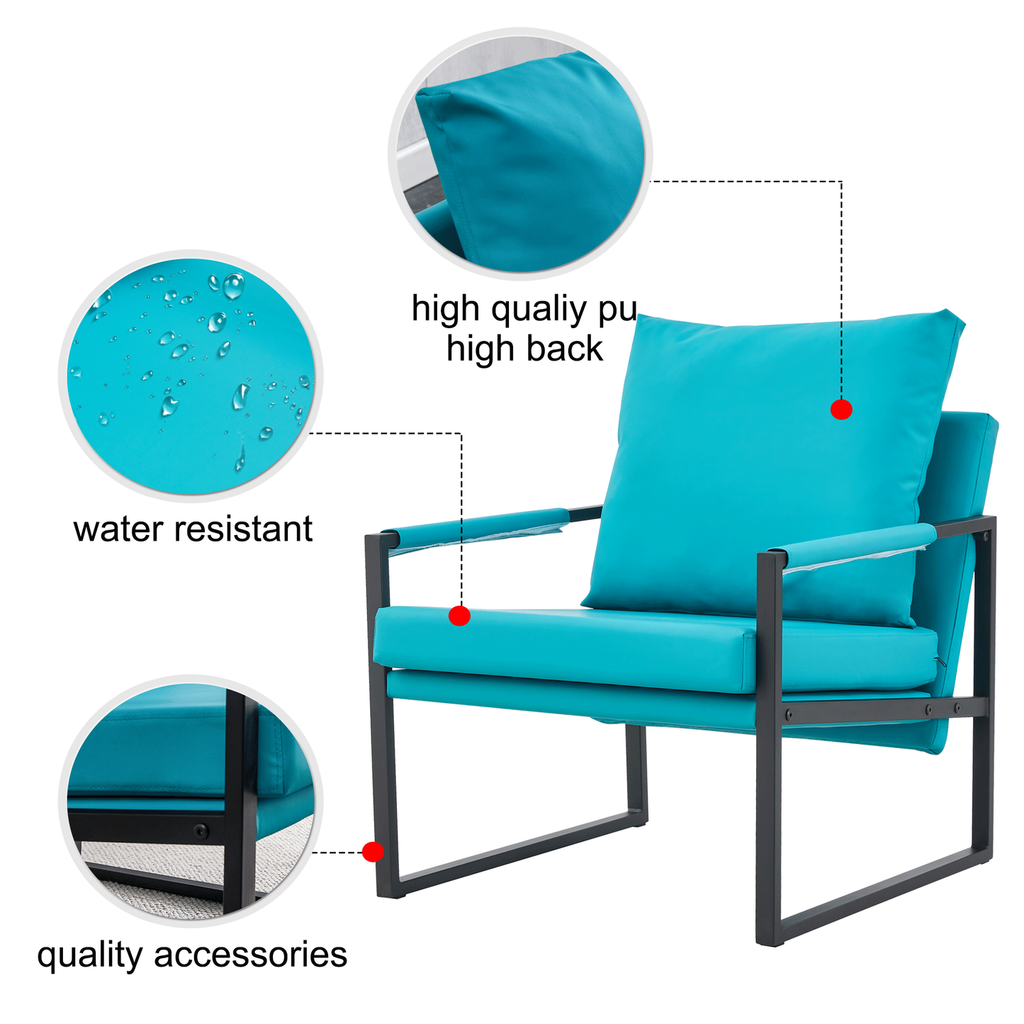 2-piece set of sofa chairs. PU leather armchair Medieval modern upholstered armchair with metal frame, super thick upholstered backrest and cushion sofa,for living room (cyan PU leather+metal+foam)008