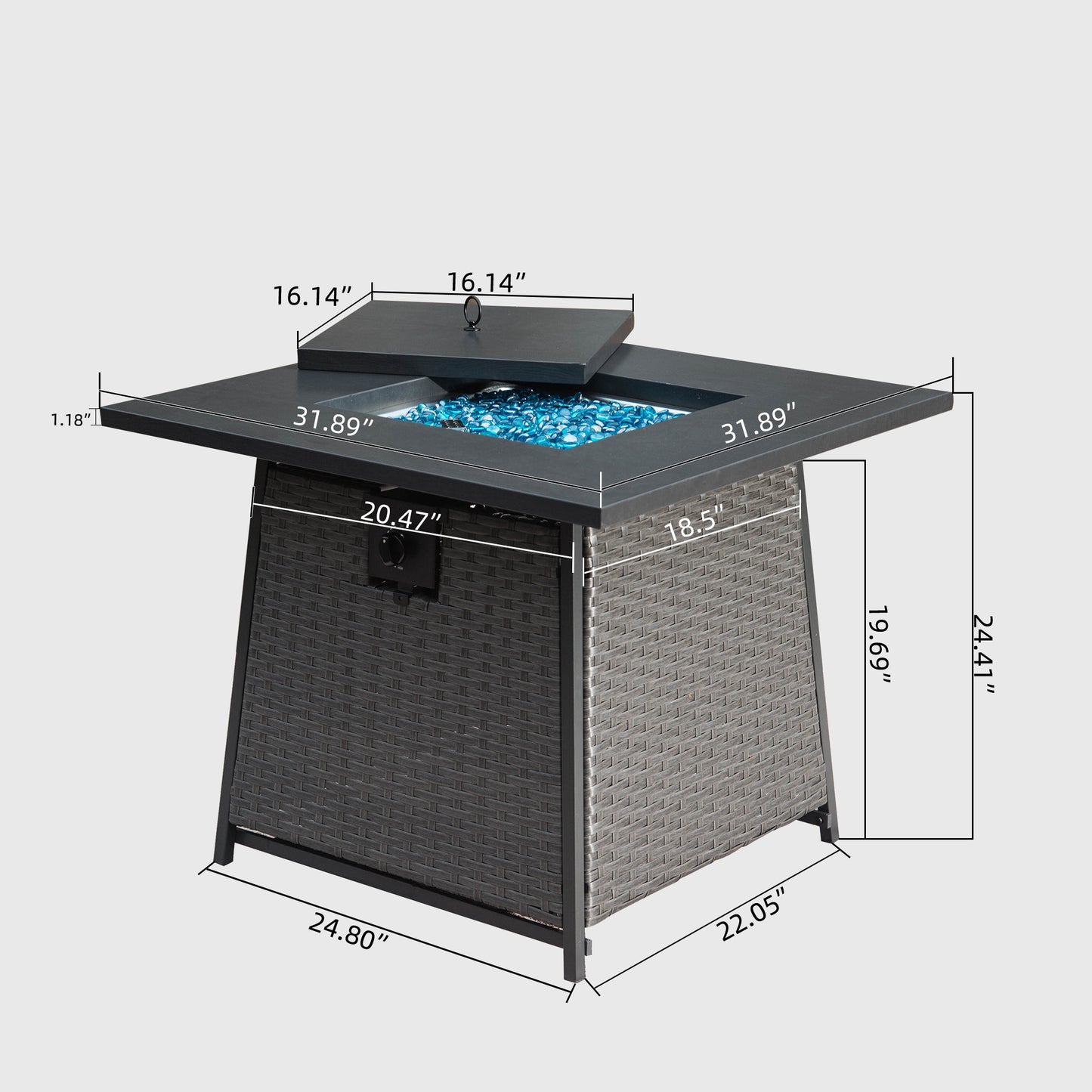 32 Inch Propane Fire Pits Table with Blue Glass Ball,50,000 BTU Outdoor Wicker Fire Table with ETL-Certified,2-in-1 Square Steel Gas Firepits (Dark Gray)