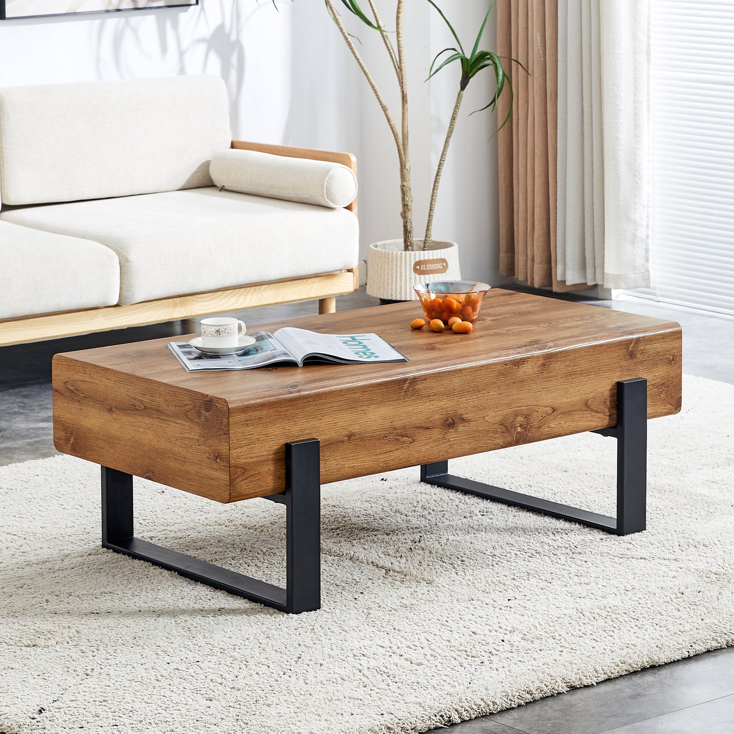 Natural Wood Tone Rustic MDF Coffee Table with Metal Legs