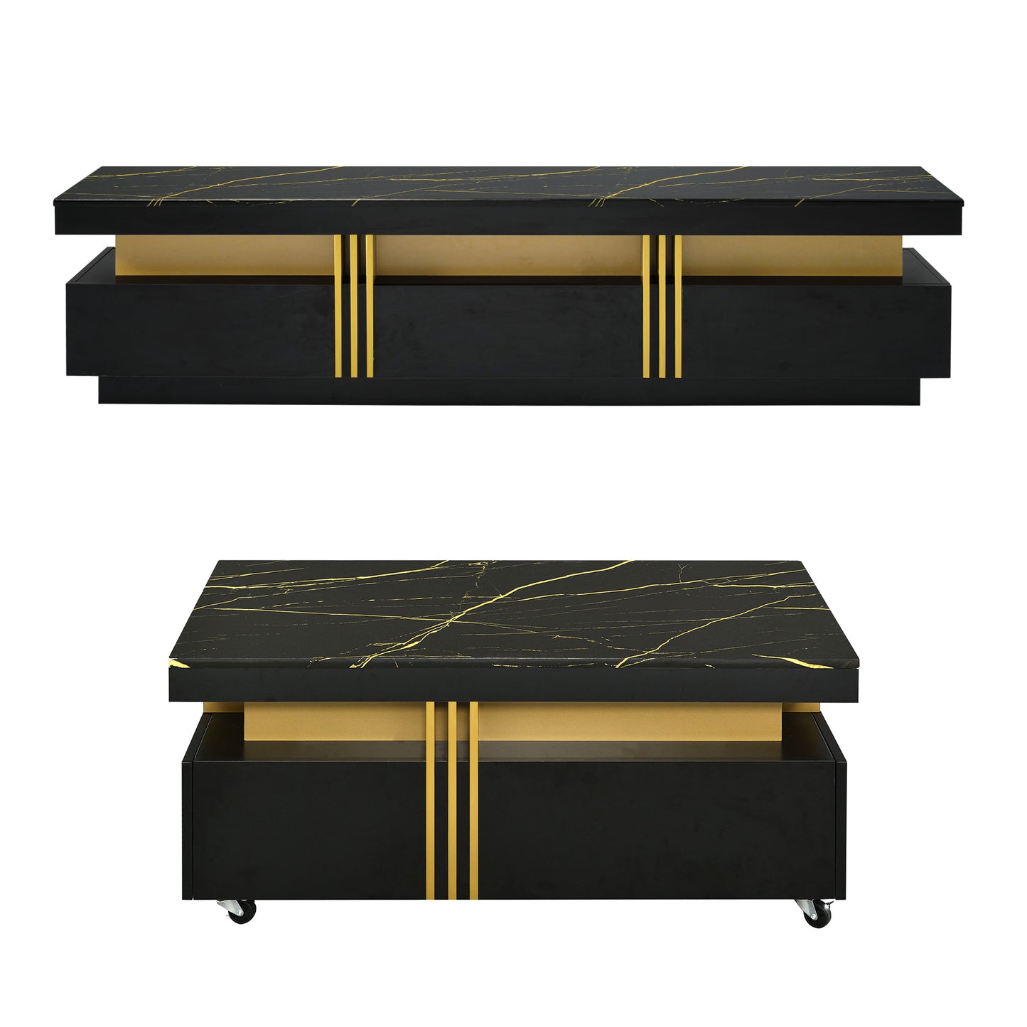 ON-TREND Modern Luxury TV Stand and Coffee Table Set of 2, High Gloss Faux Marble Top, TV Stand for TVs Up to 78'', Rectangle Coffee Table with Caster Wheels for Living Room, Black