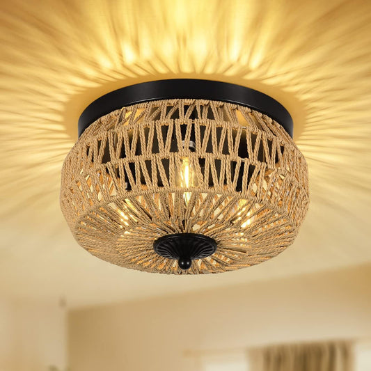 3-Lights Woven Rattan Flush Mount Ceiling Light Fixture with Hand-Worked Cage Shade for Bedroom, Kitchen, Foyer, Porch