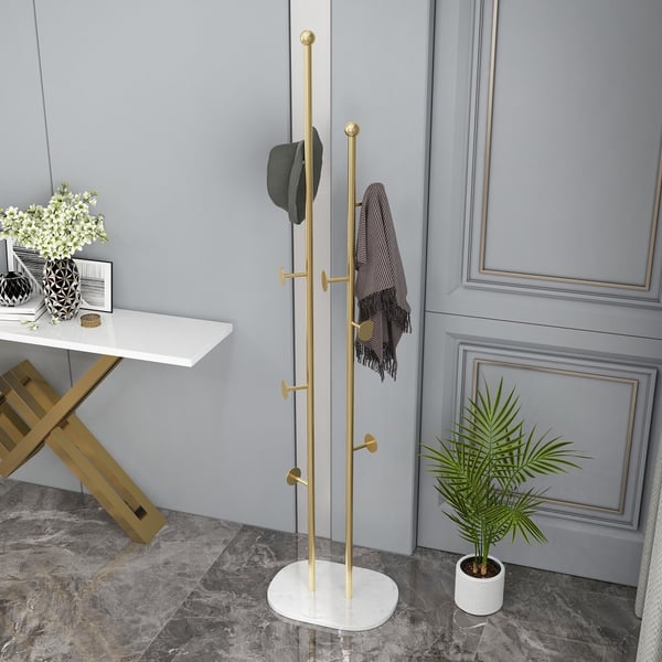 66" Gold Modern Chic Metal Freestanding Coat Rack with Rail Marble Base