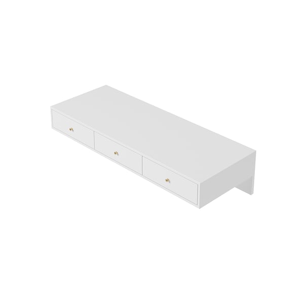 Modern White Floating Desk with Drawers Wall Mounted Desk in Pine Wood Frame