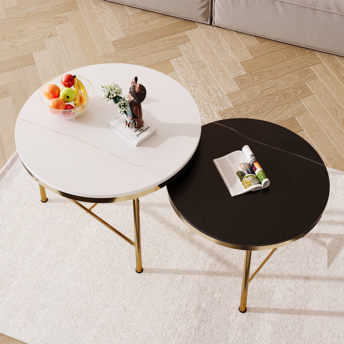 Modern Round Nesting Coffee Table Set 2-Piece Black & White Sintered Stone Top Gold Base in 23.6''&17.7''