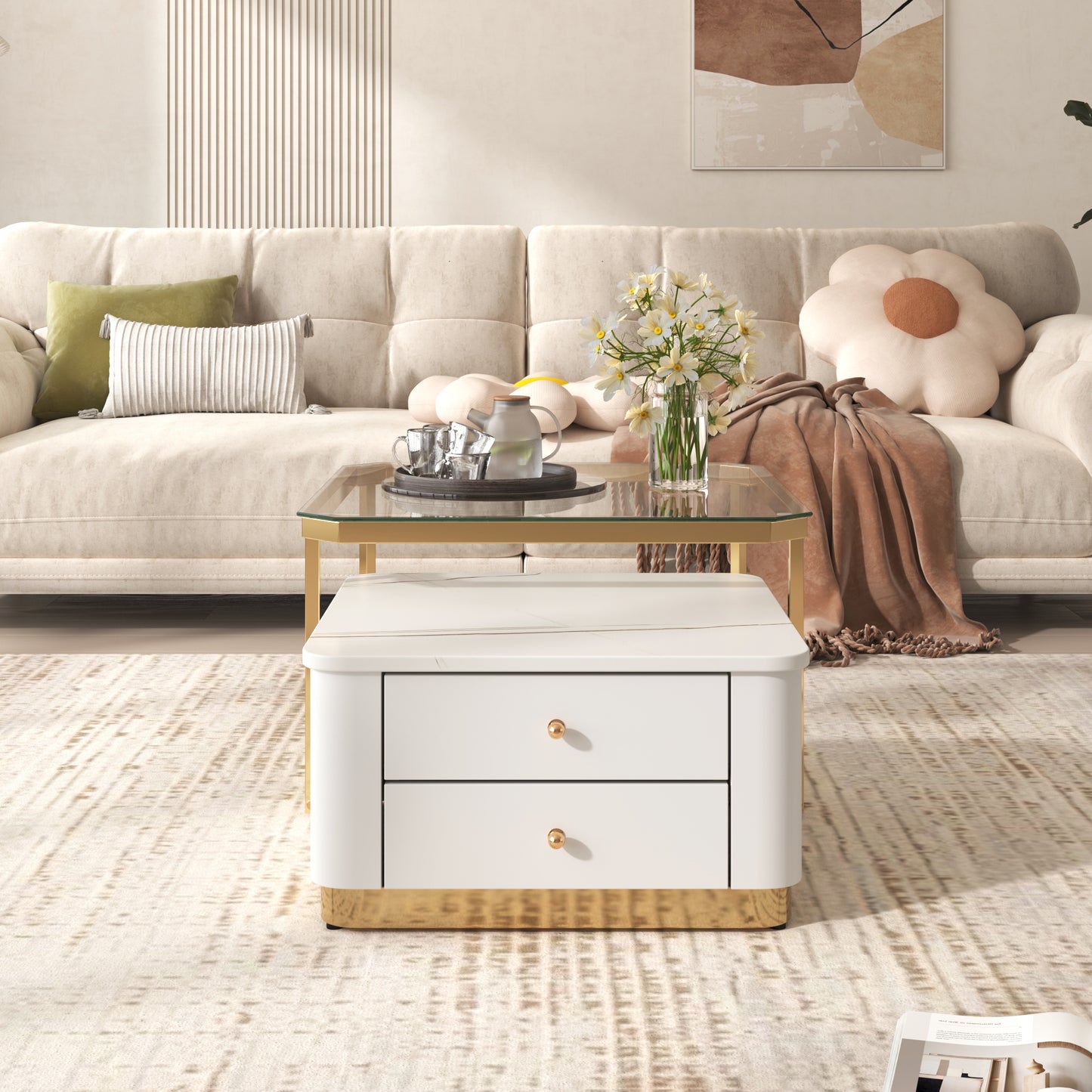 Modern 2 Pieces White  Square Nesting  Coffee Table with Drawers & Electroplated gold legs in 27.6''