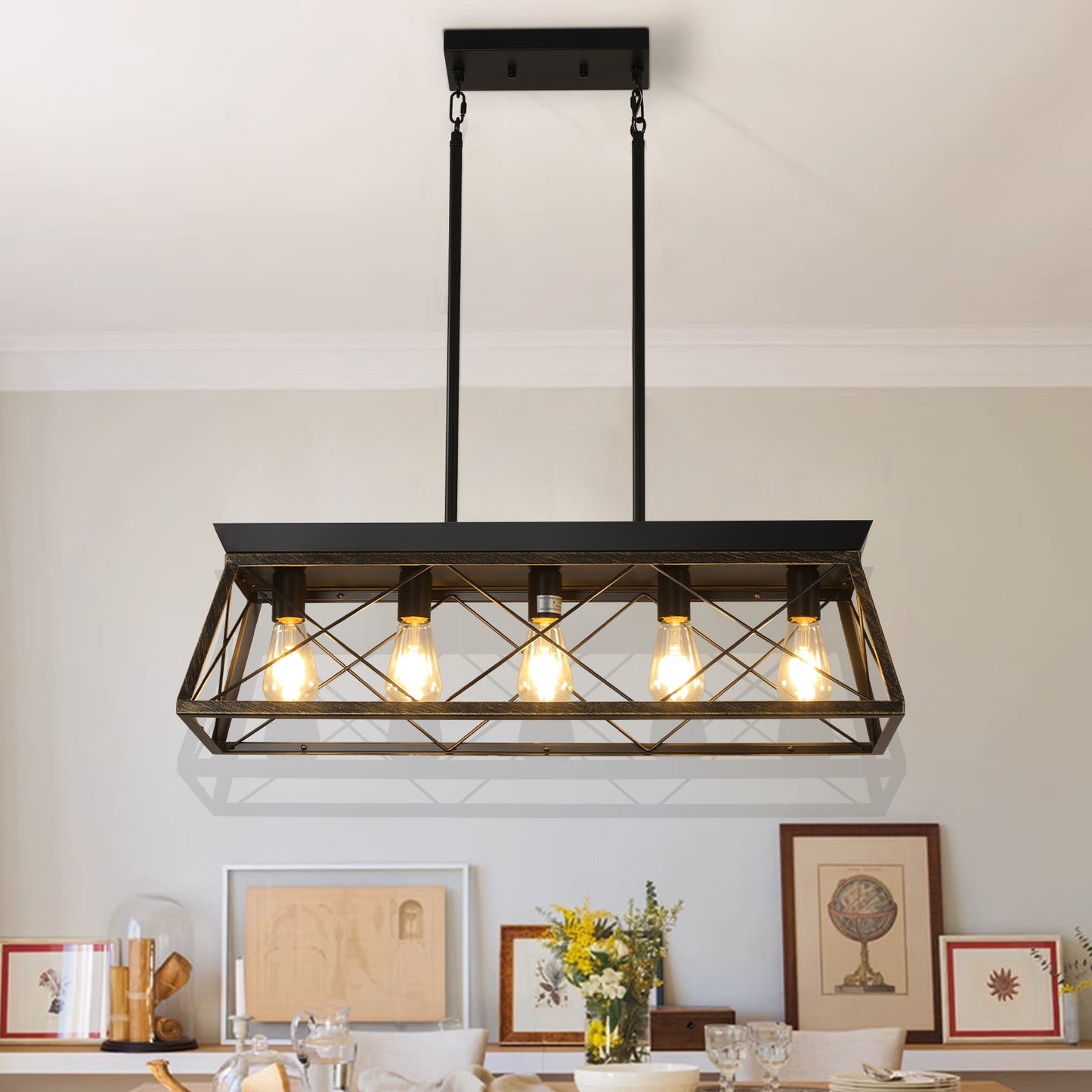 5-Light Farmhouse Chandeliers for Dining Room, Metal Rustic Pendant Island Light Fixture, Modern Rectangular Island Lights for Kitchen, Living Room Black gold(No Bulbs)NEW SKU:W1340P206630