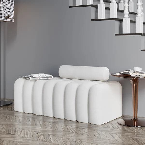 Modern Line Tufted Bench Upholstered Bench with Round Back White