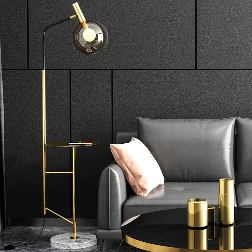 67 Modern Tray Table Floor Lamp 1-Light Cognac Dome Glass Shade in Black/Gold#Gold