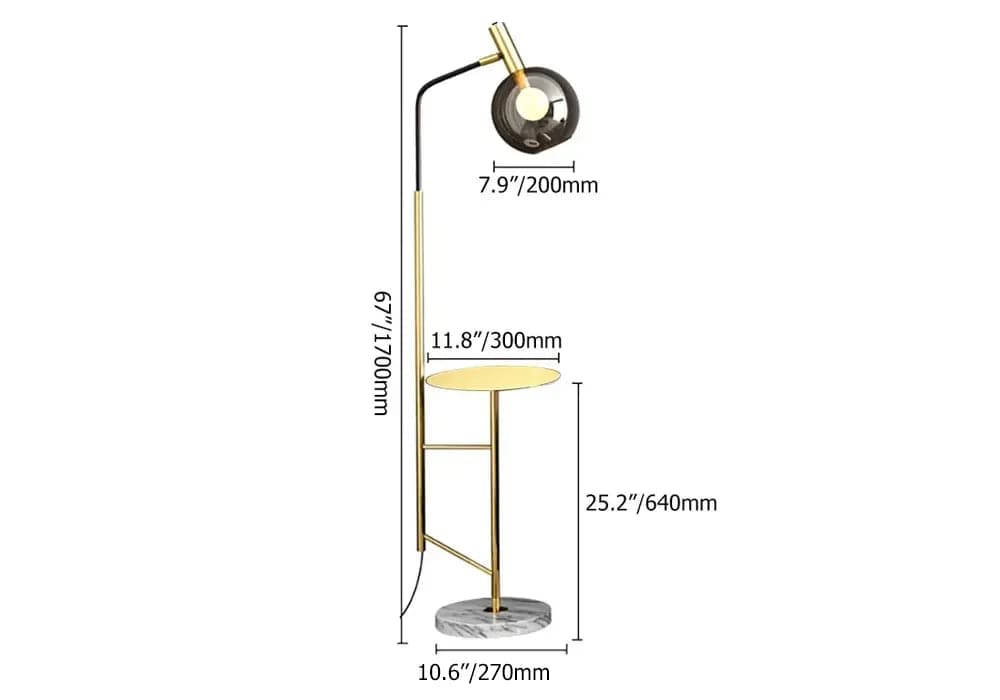 67 Modern Tray Table Floor Lamp 1-Light Cognac Dome Glass Shade in Black/Gold#Gold