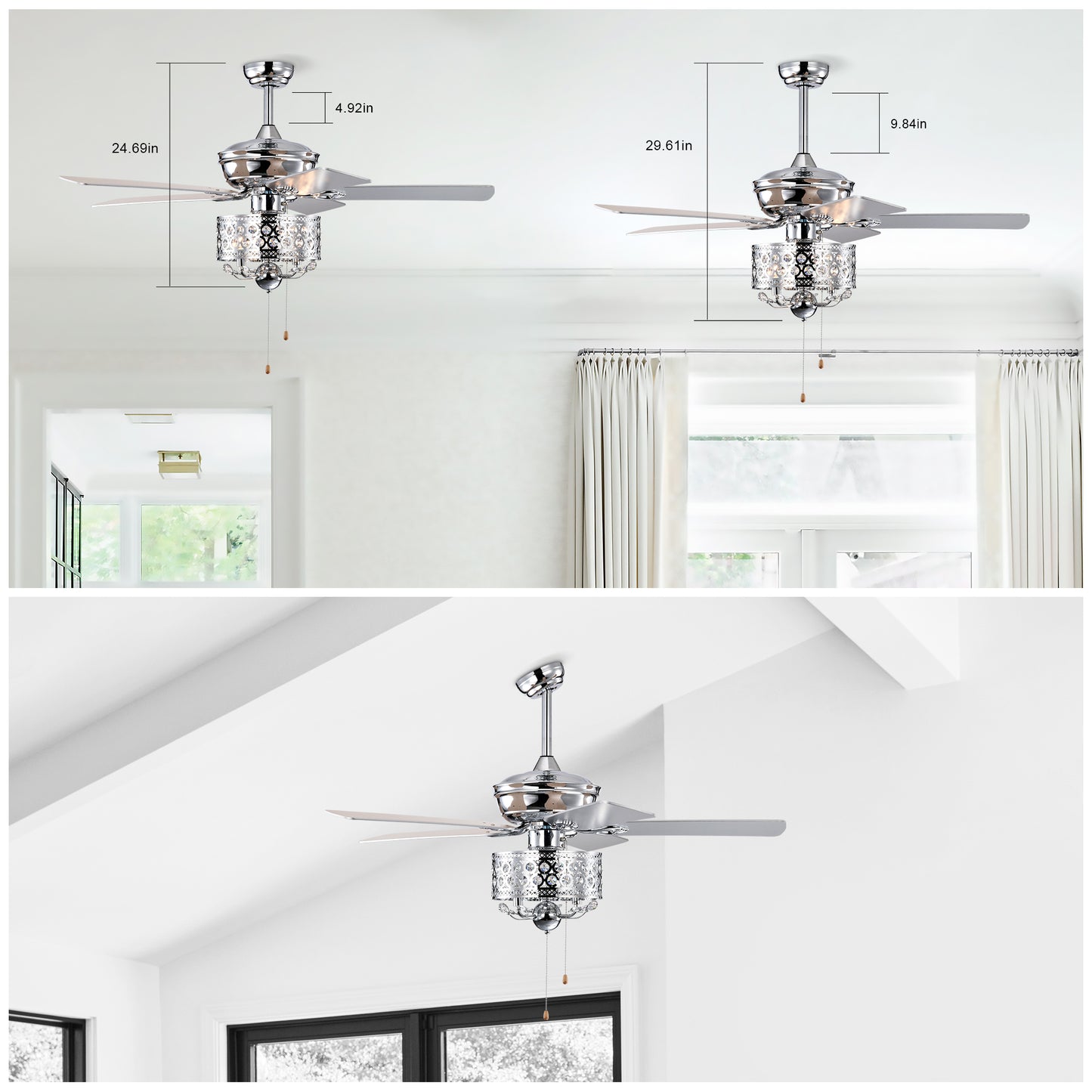 Chrome 52" Ceiling Fan with Reversible Motor - Indoor Use, Pull Chain Control (No Light Bulb)