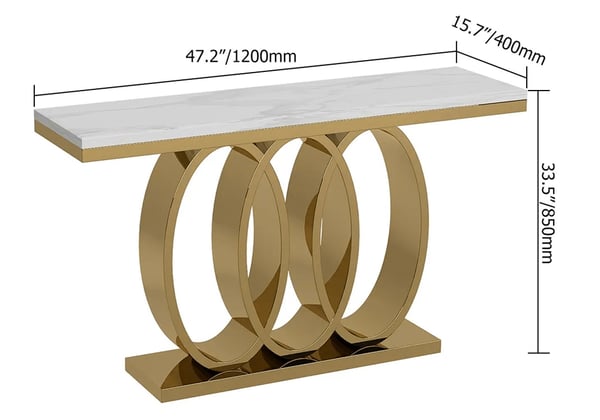 Table console blanche moderne et étroite de 47,2 po avec plateau en faux marbre et base en acier inoxydable