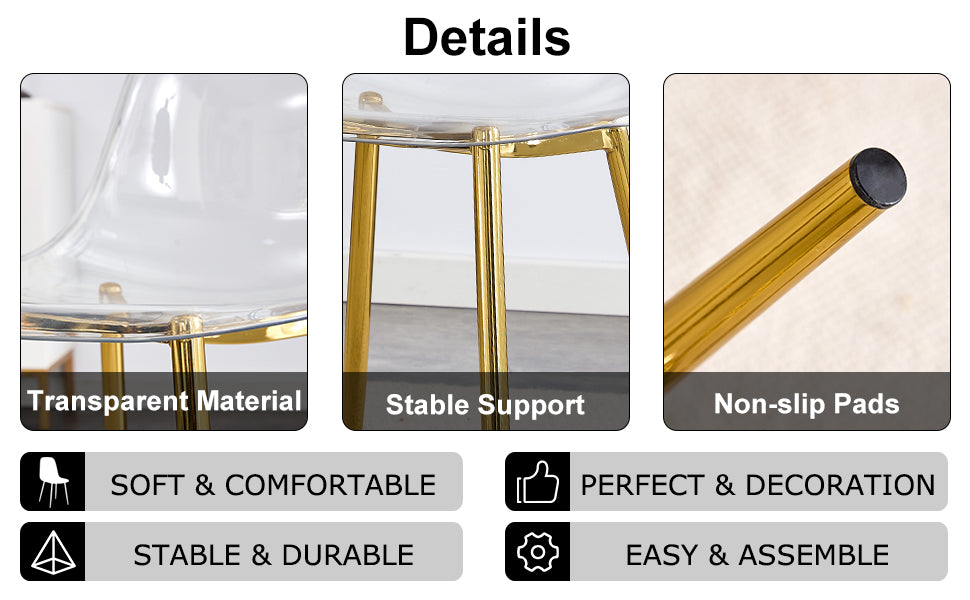 Modern Transparent Dining Chairs - Set of 4 Armless Crystal Chairs with Golden Plating Metal Legs