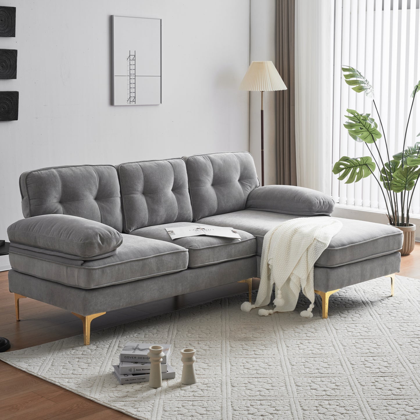 83" Modern Sectional Sofas Couches Velvet L Shaped Couches for Living Room, Bedroom, Light Grey