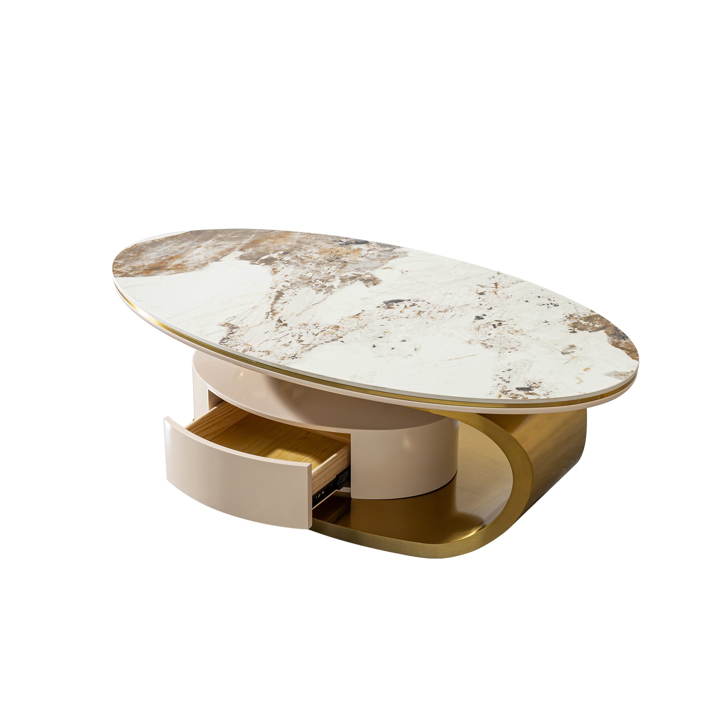 Modern 0.47" thickness sintered stone coffee table with 2 drawers,Matt gold stainless steel base