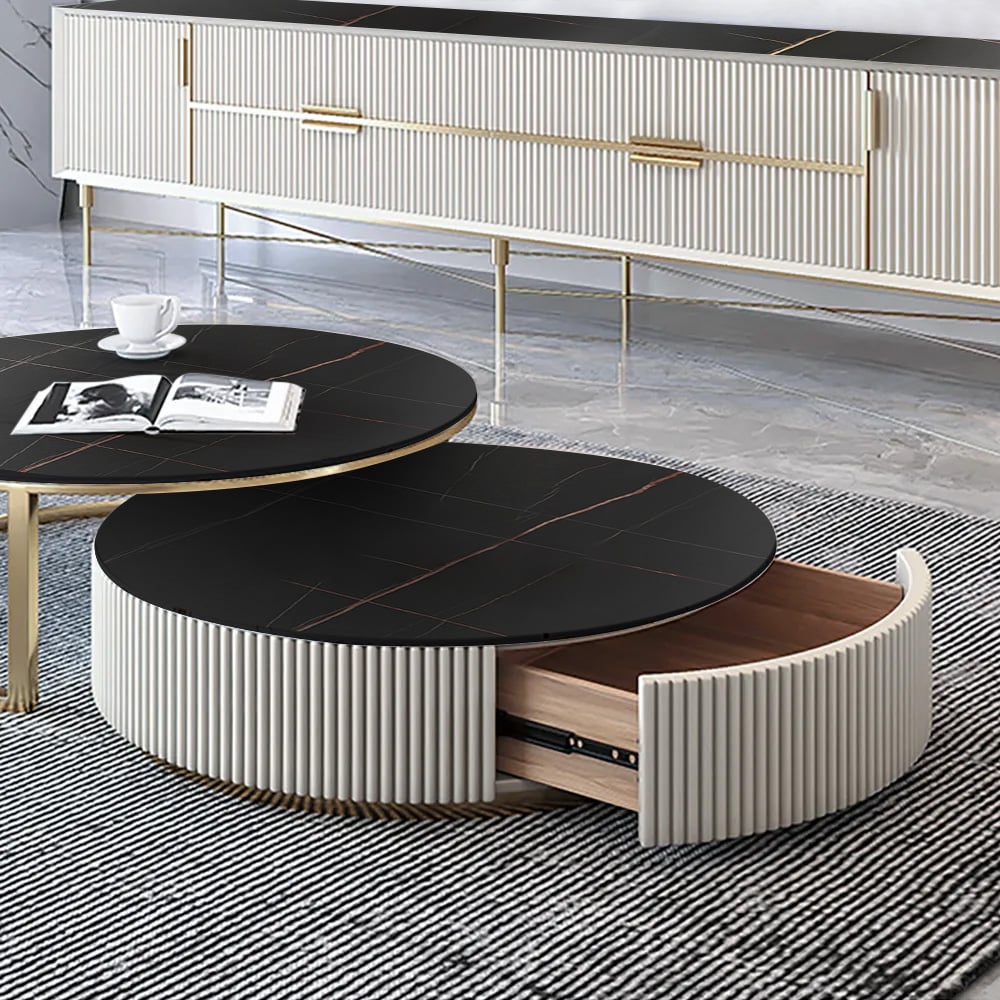 Set of 2 Round Sintered Stone Top Nesting Coffee Table with Drawer Black & Gold