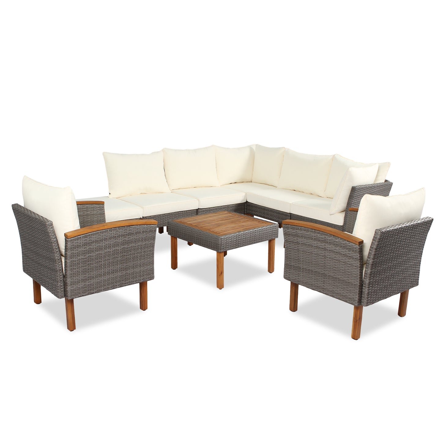 9-Piece Patio Rattan Furniture Set, Outdoor Conversation Set With Acacia Wood Legs and Tabletop, PE Rattan Sectional Sofa Set with Coffee Table, Washable Cushion, Beige