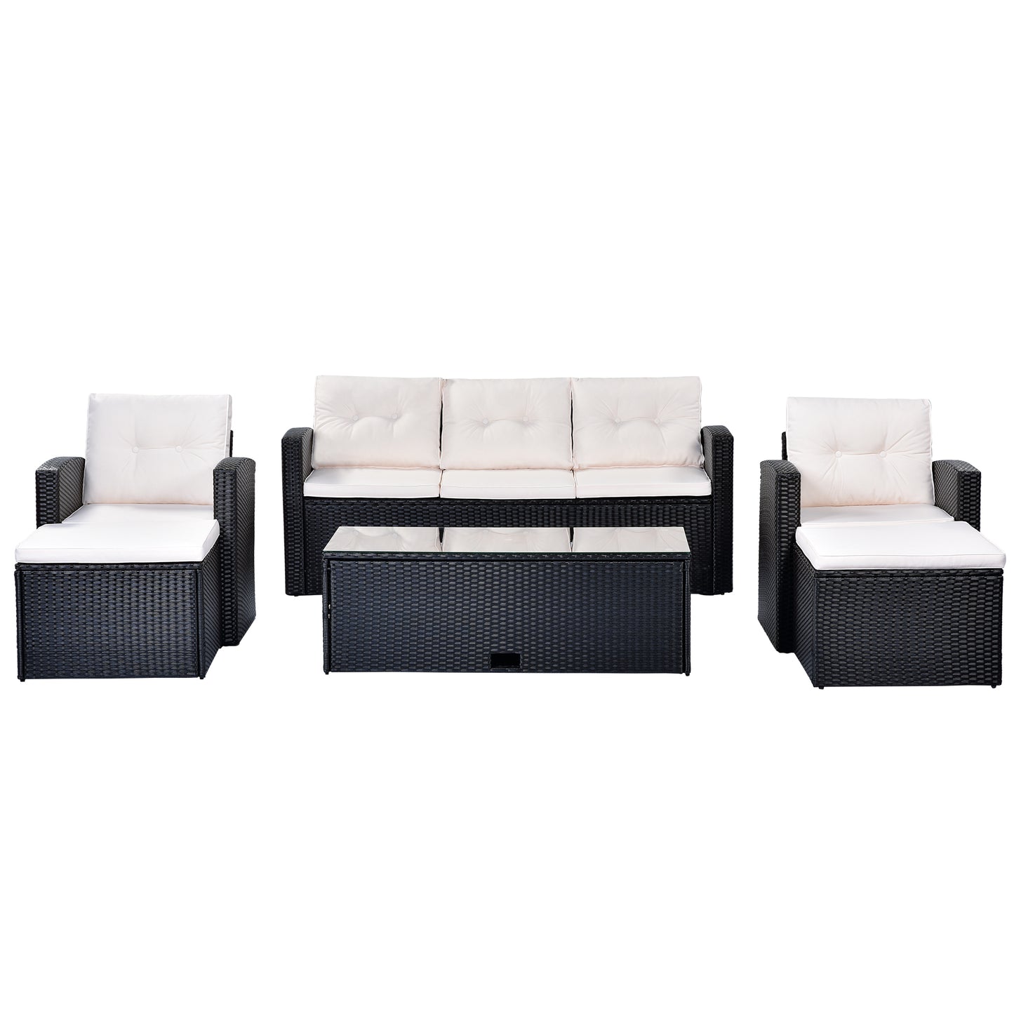 GO 6-piece All-Weather Wicker PE rattan Patio Outdoor Dining Conversation Sectional Set with coffee table, wicker sofas, ottomans, removable cushions (Black wicker, Beige cushion)